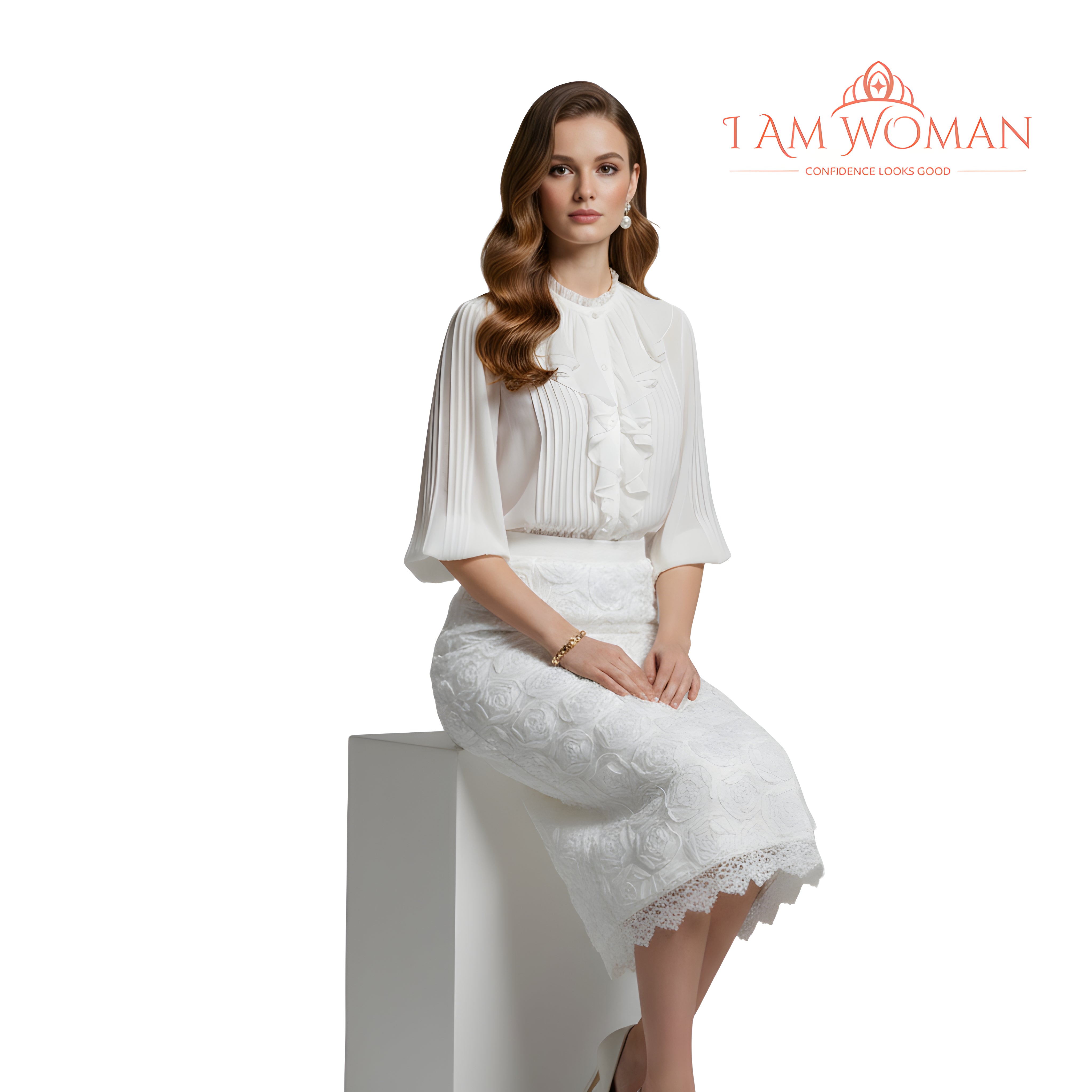 I Am Woman White Midi Skirt Covered in 3D Rose Appliqués