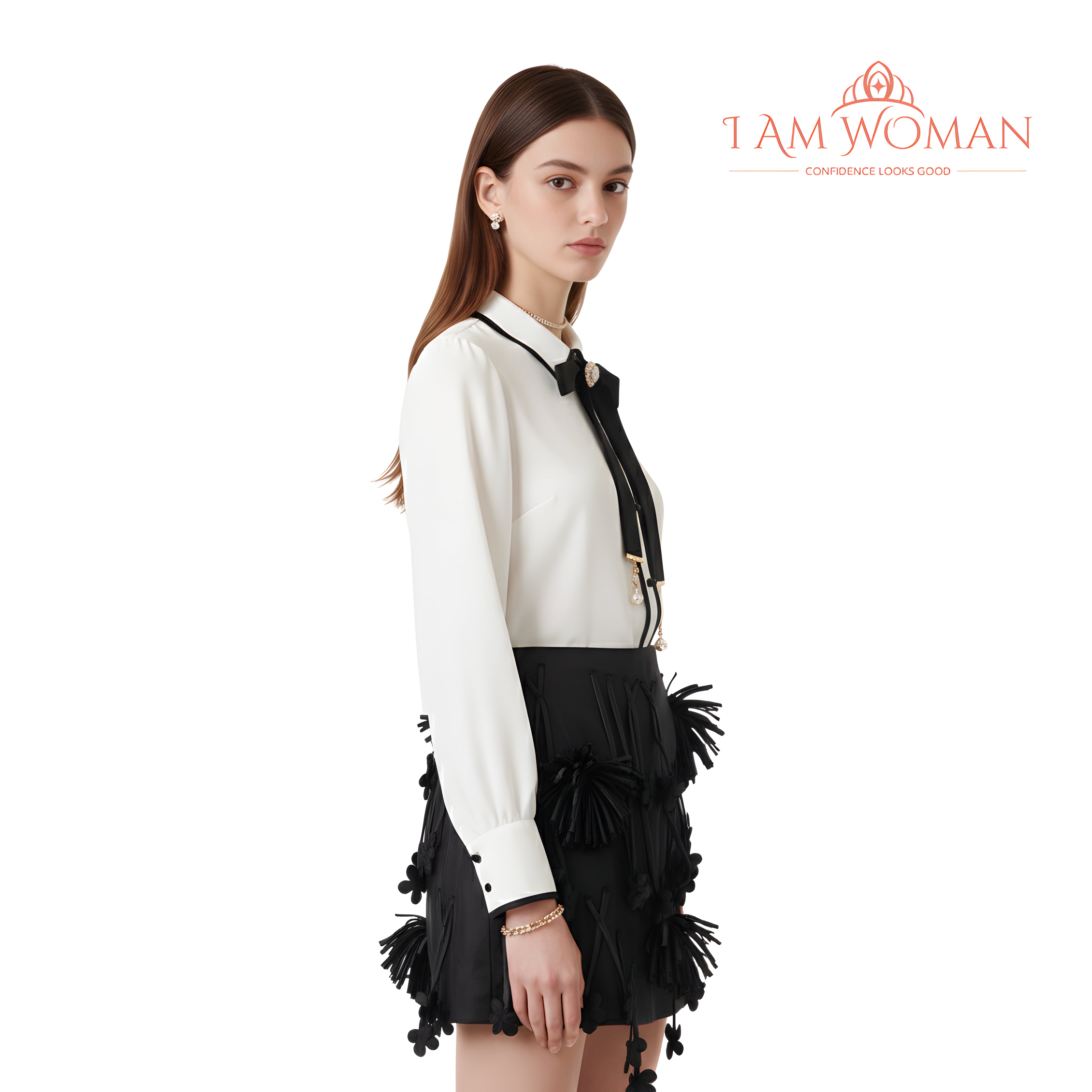 I Am Woman Black Textured Tassel Floral Mini Skirt