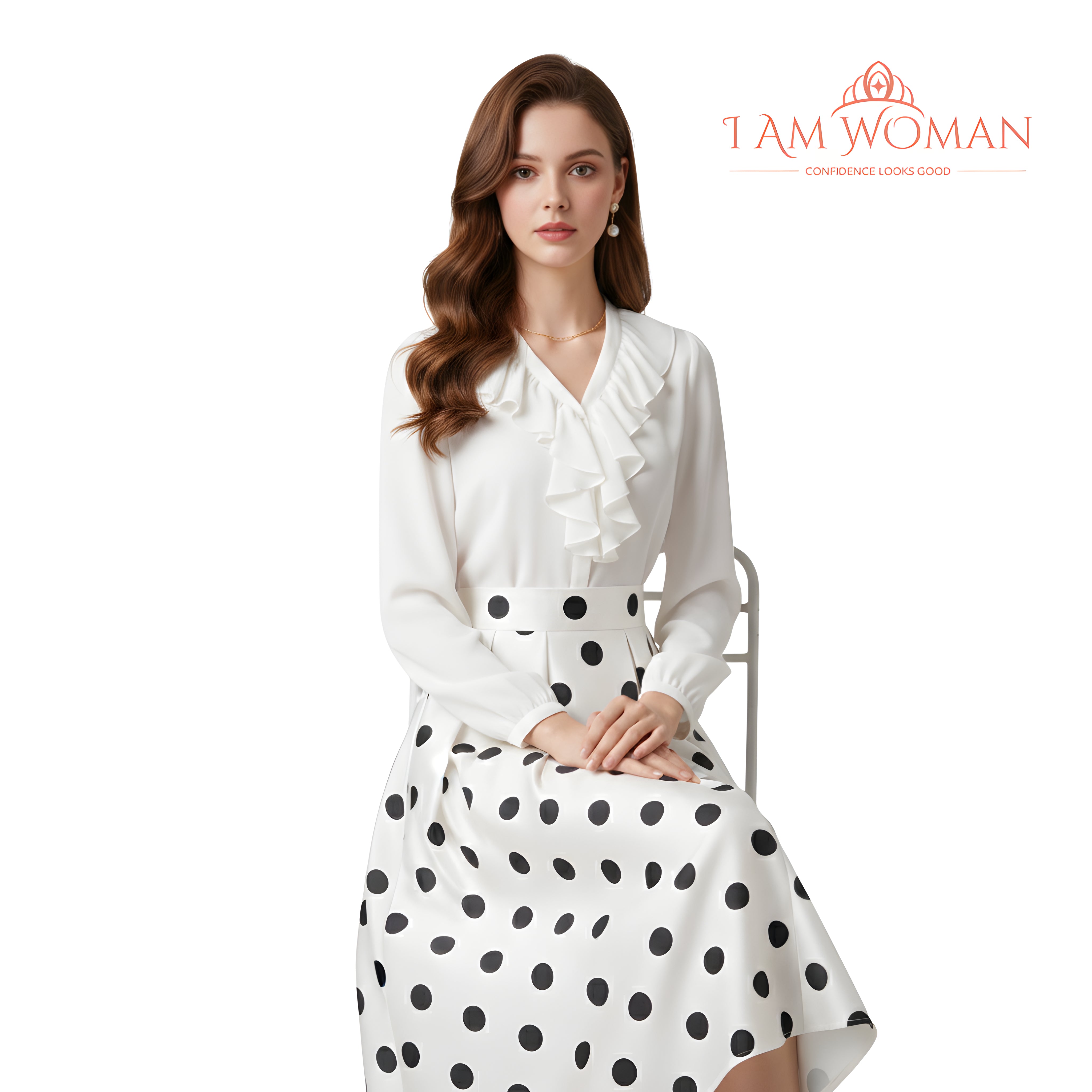 I Am Woman White Pleated Midi Skirt with Black Polka Dots