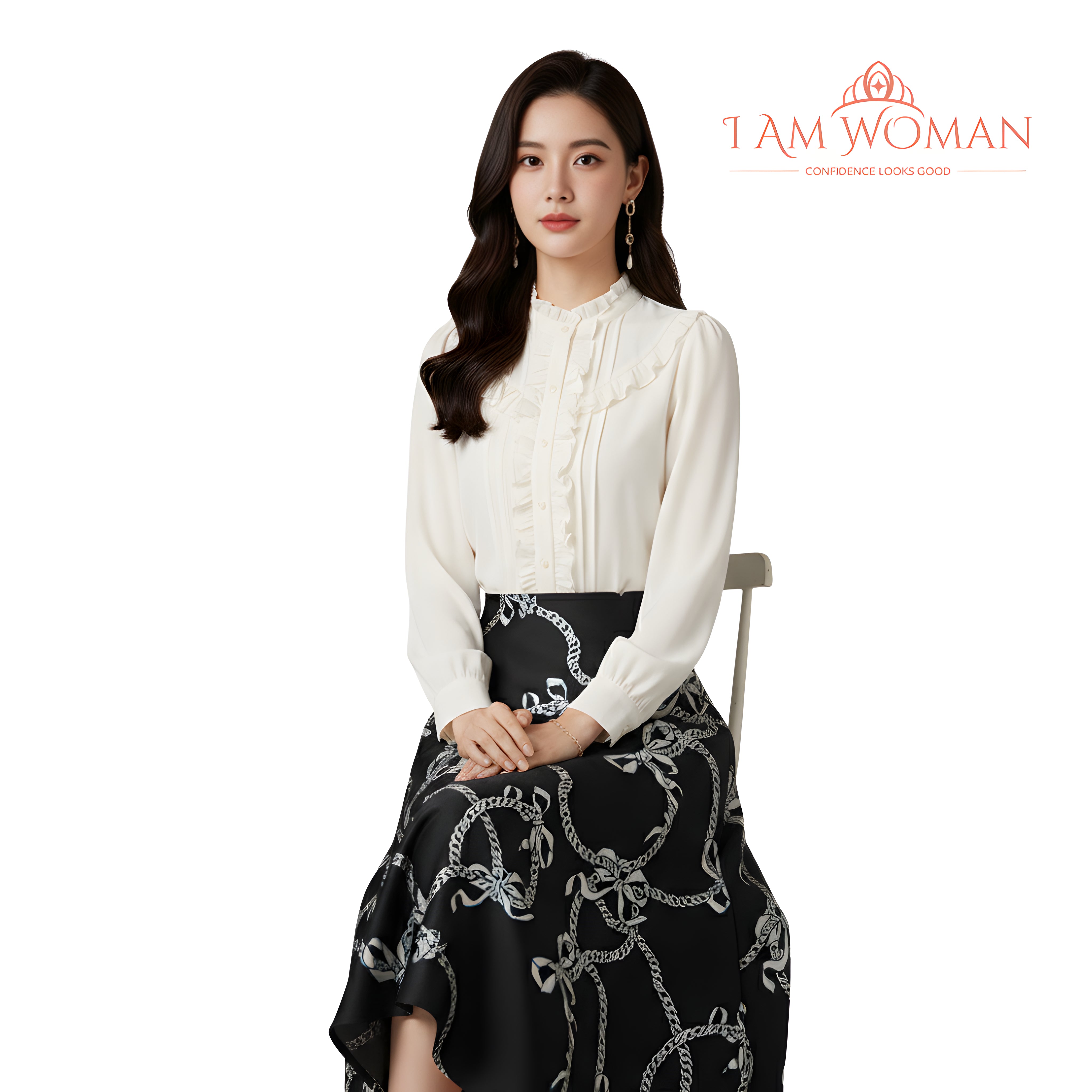 I Am Woman Black Midi Skirt with White Bows and Chain Print