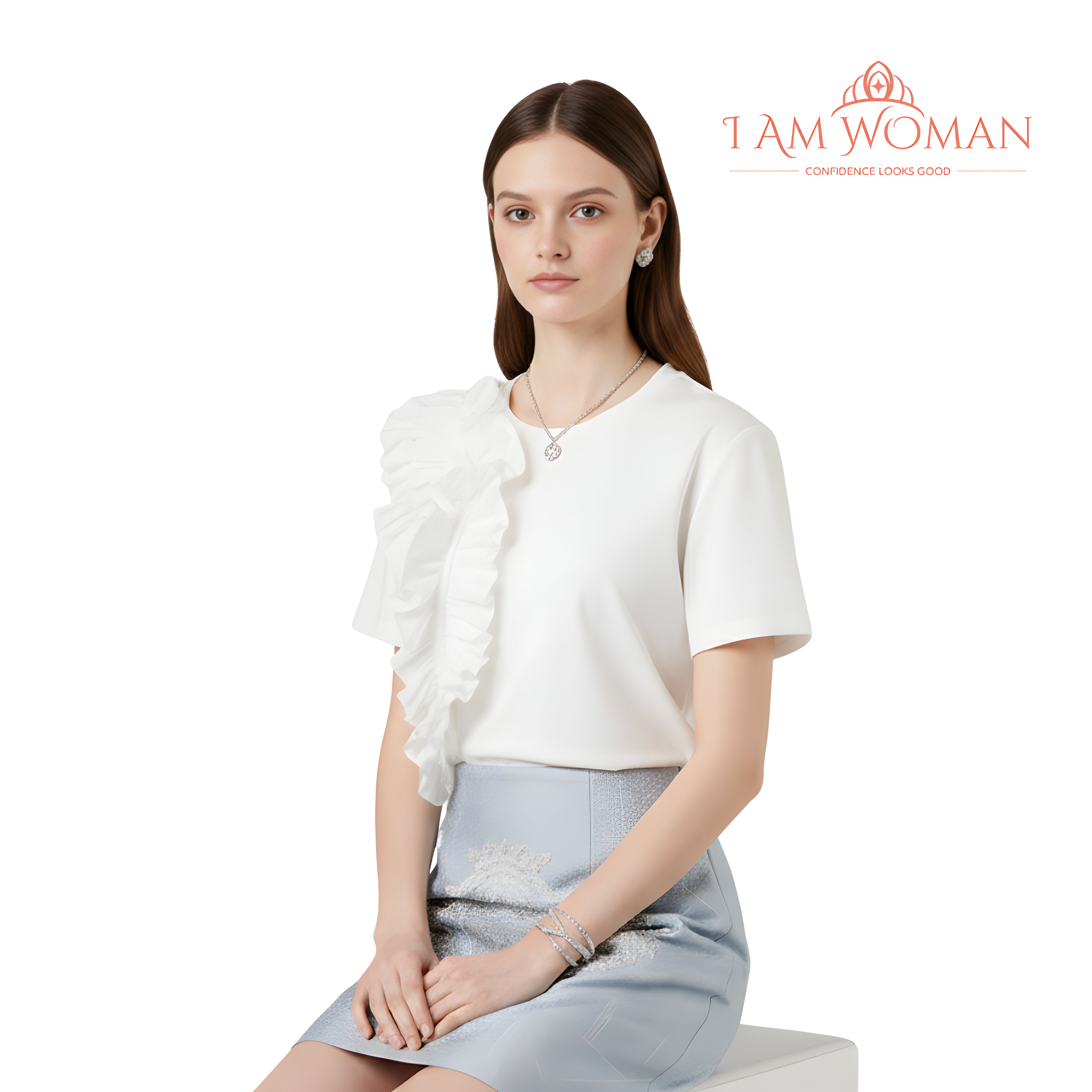 I Am Woman White T-Shirt with a Large White Ruffle Detail on One Shoulder