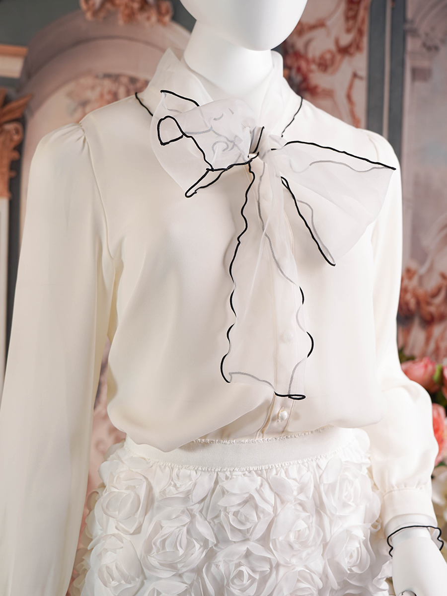 White Blouse With Black Line Bow Detail