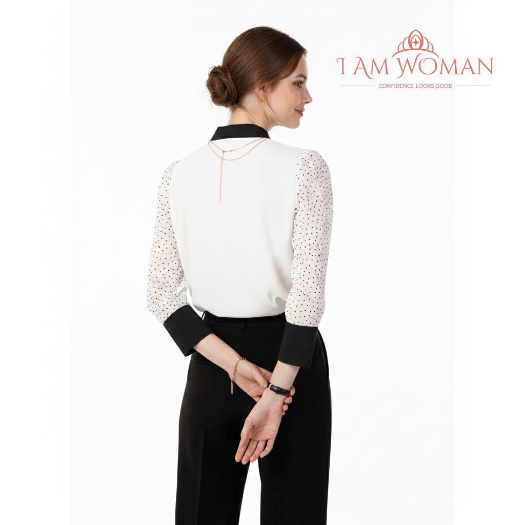I Am Woman White Blouse with Black Collar and Polka Dots