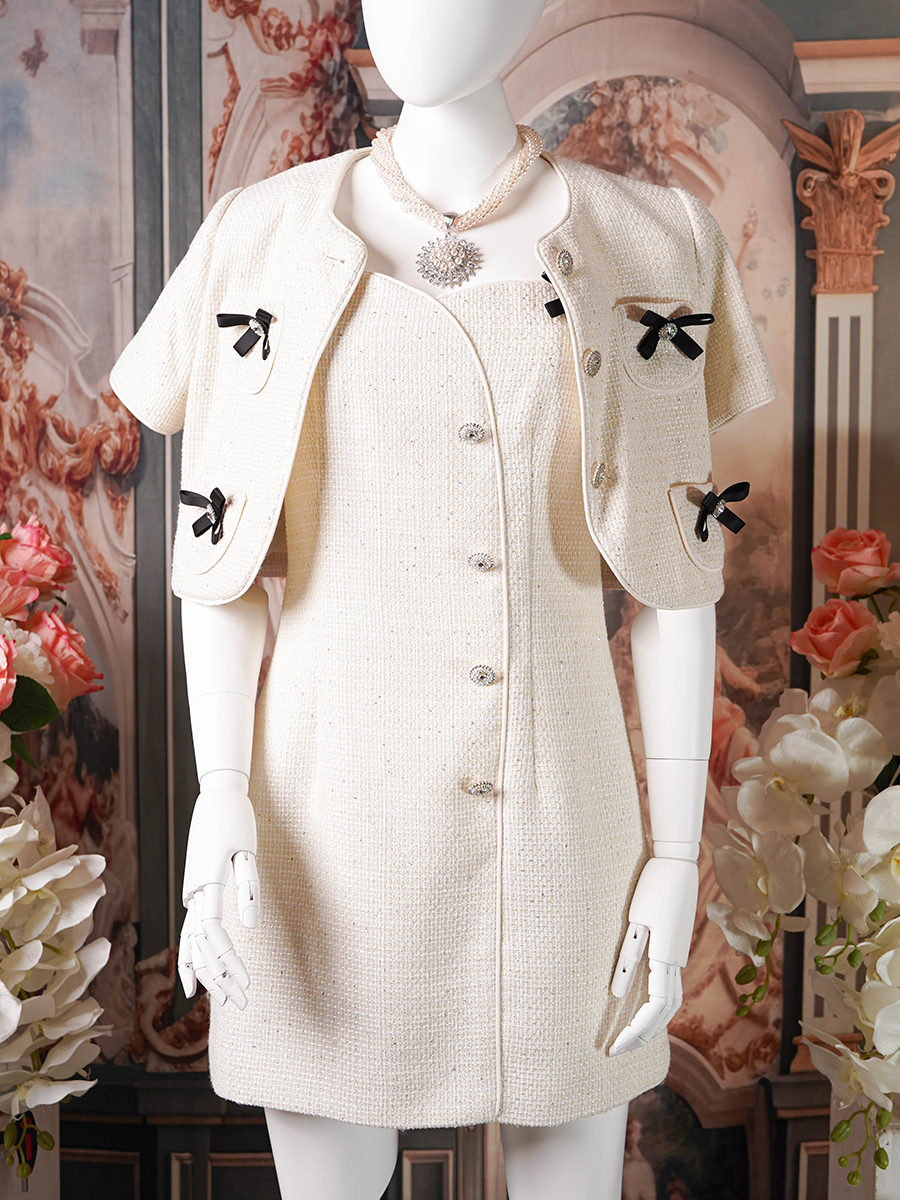 Cream Textured Bow Accent Blazer Dress