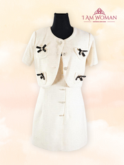 Cream Textured Bow Accent Blazer Dress