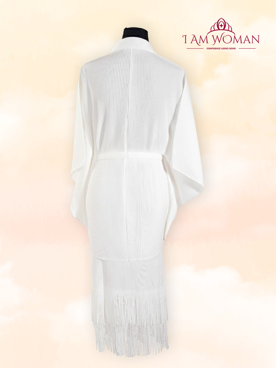 Ivory White Pleated Kimono Sleeve Belted Dress