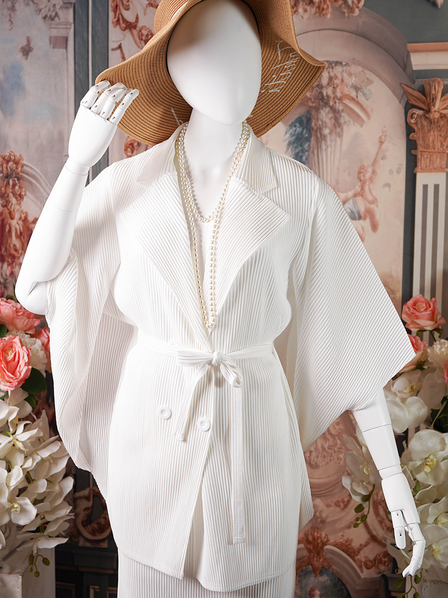 Ivory White Pleated Kimono Sleeve Belted Dress