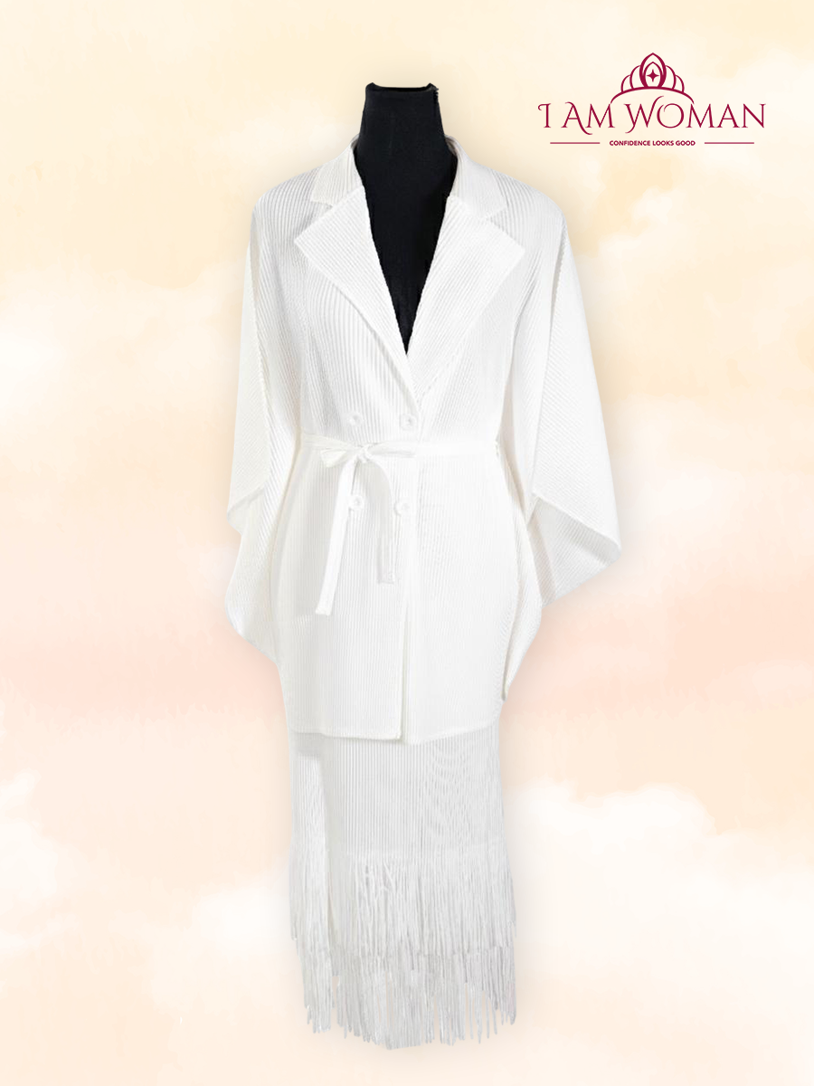 Ivory White Pleated Kimono Sleeve Belted Dress