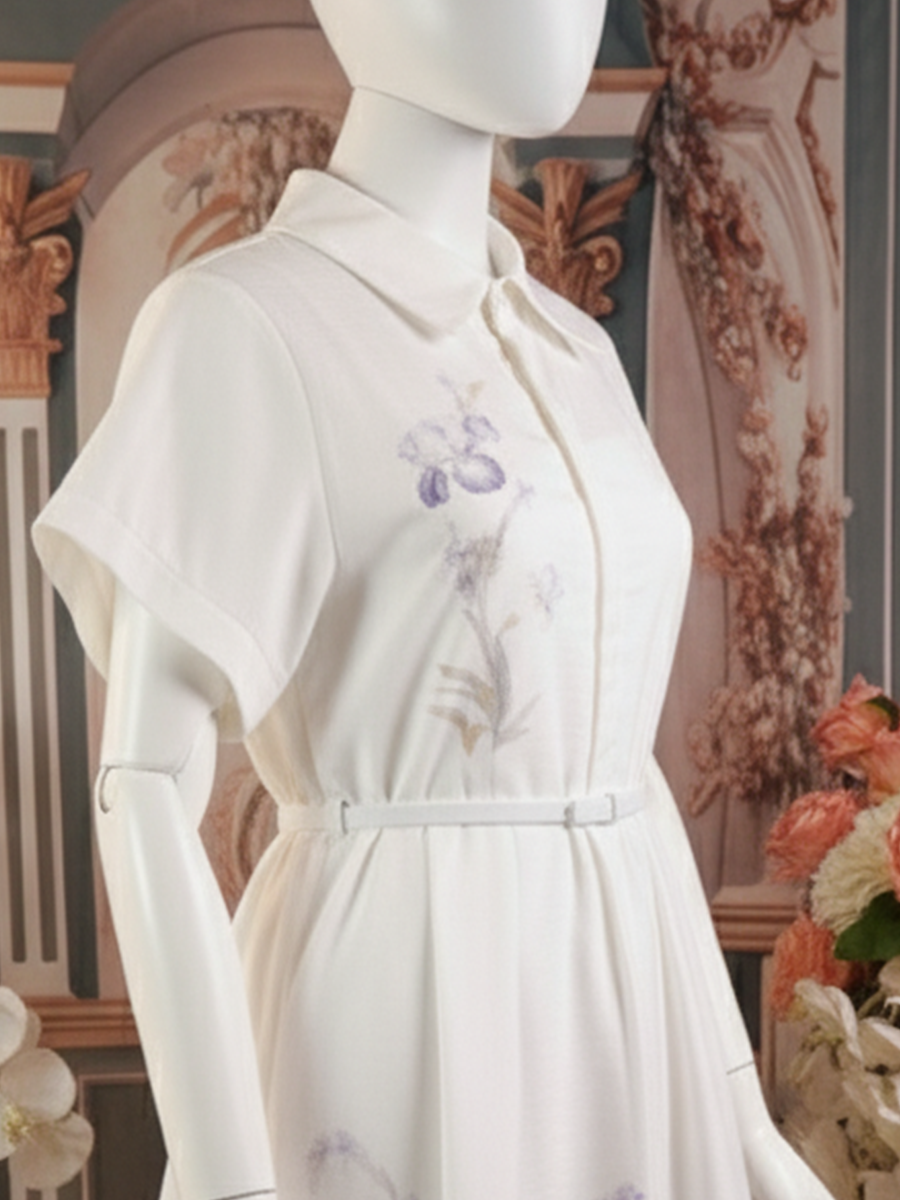 Soft White Floral Embroidered Shirt Dress