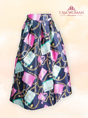 Black Pink pleated skirt with handbag print