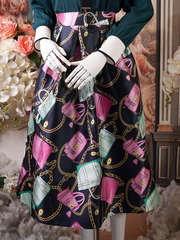 Black Pink pleated skirt with handbag print