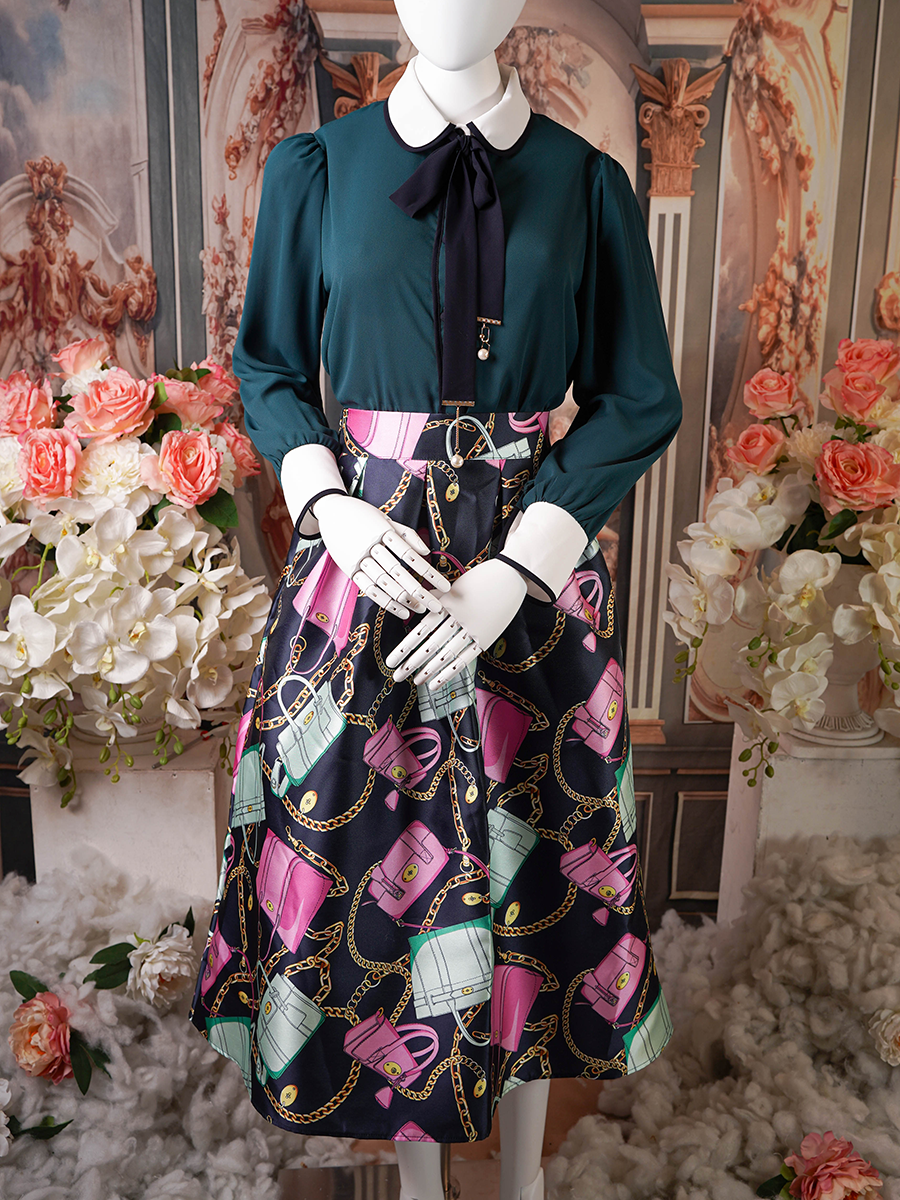 Black Pink pleated skirt with handbag print