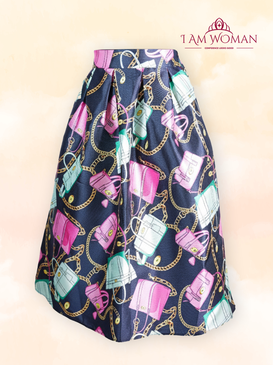 Black Pink pleated skirt with handbag print