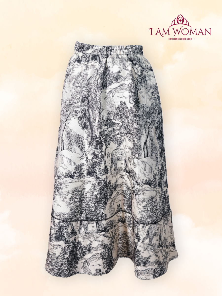 Off-white button-down midi skirt with a black and white animal print