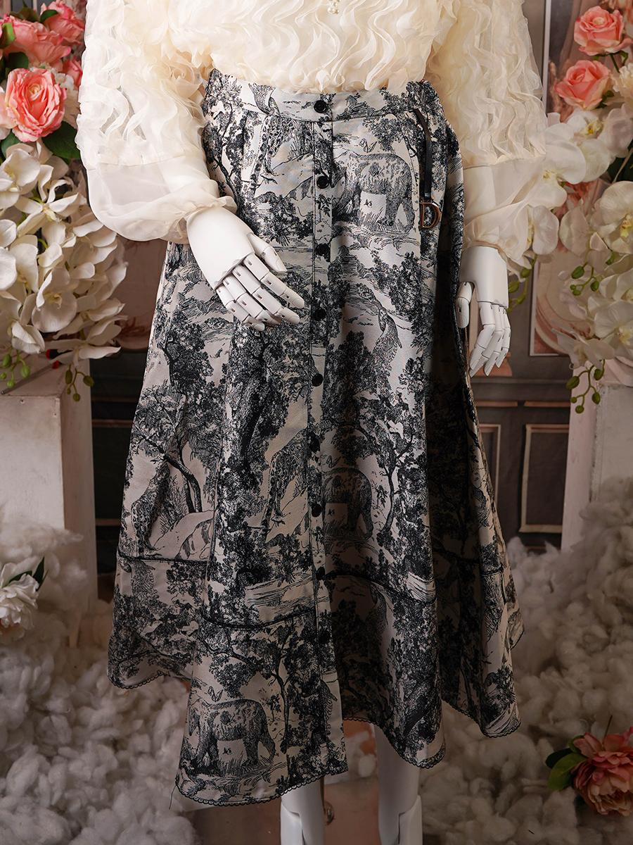 Off-white button-down midi skirt with a black and white animal print