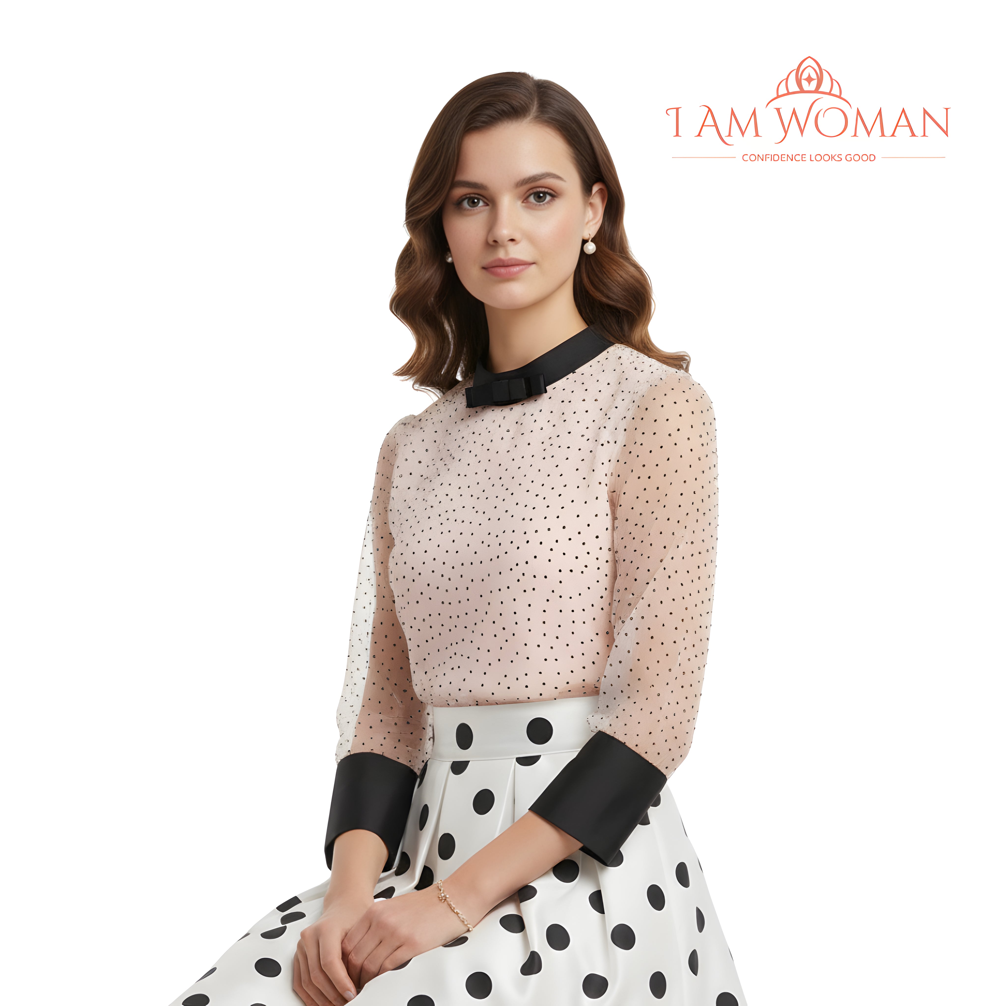 I Am Woman Light Beige Polka Dot Blouse with Black Bow
