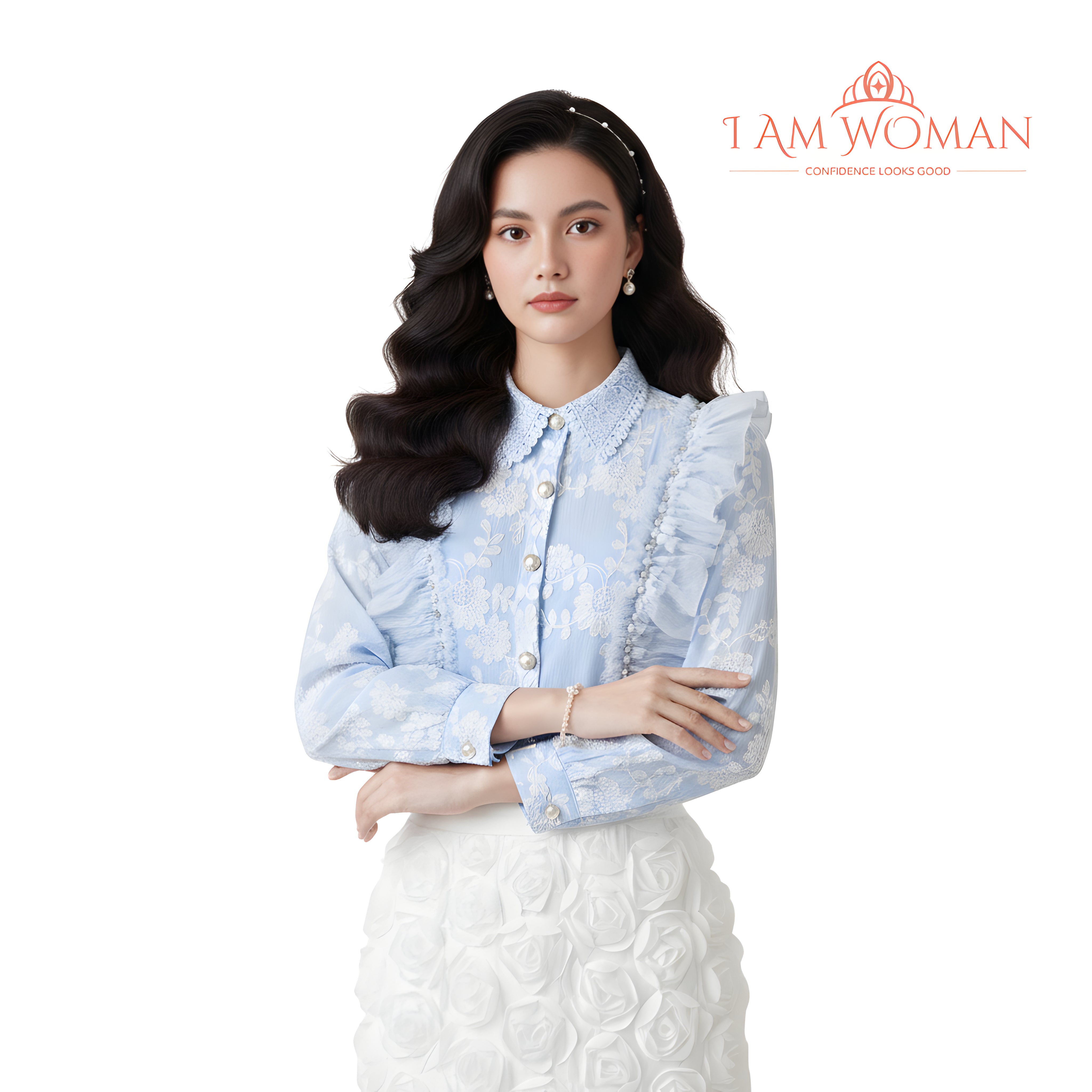 I Am Woman Baby Blue Lace Ruffled Long Sleeve Blouse