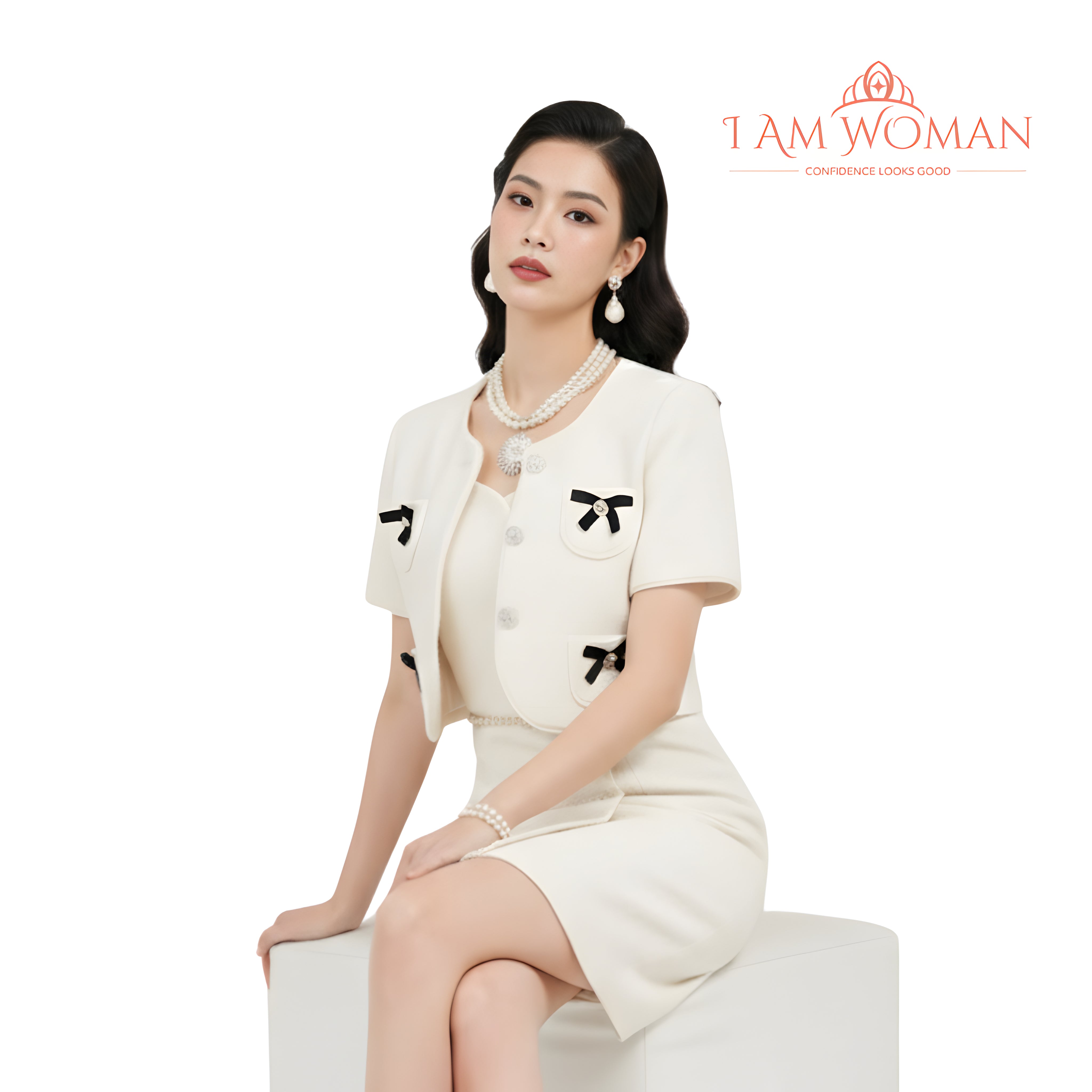 I Am Woman Cream Textured Bow Accent Blazer Dress