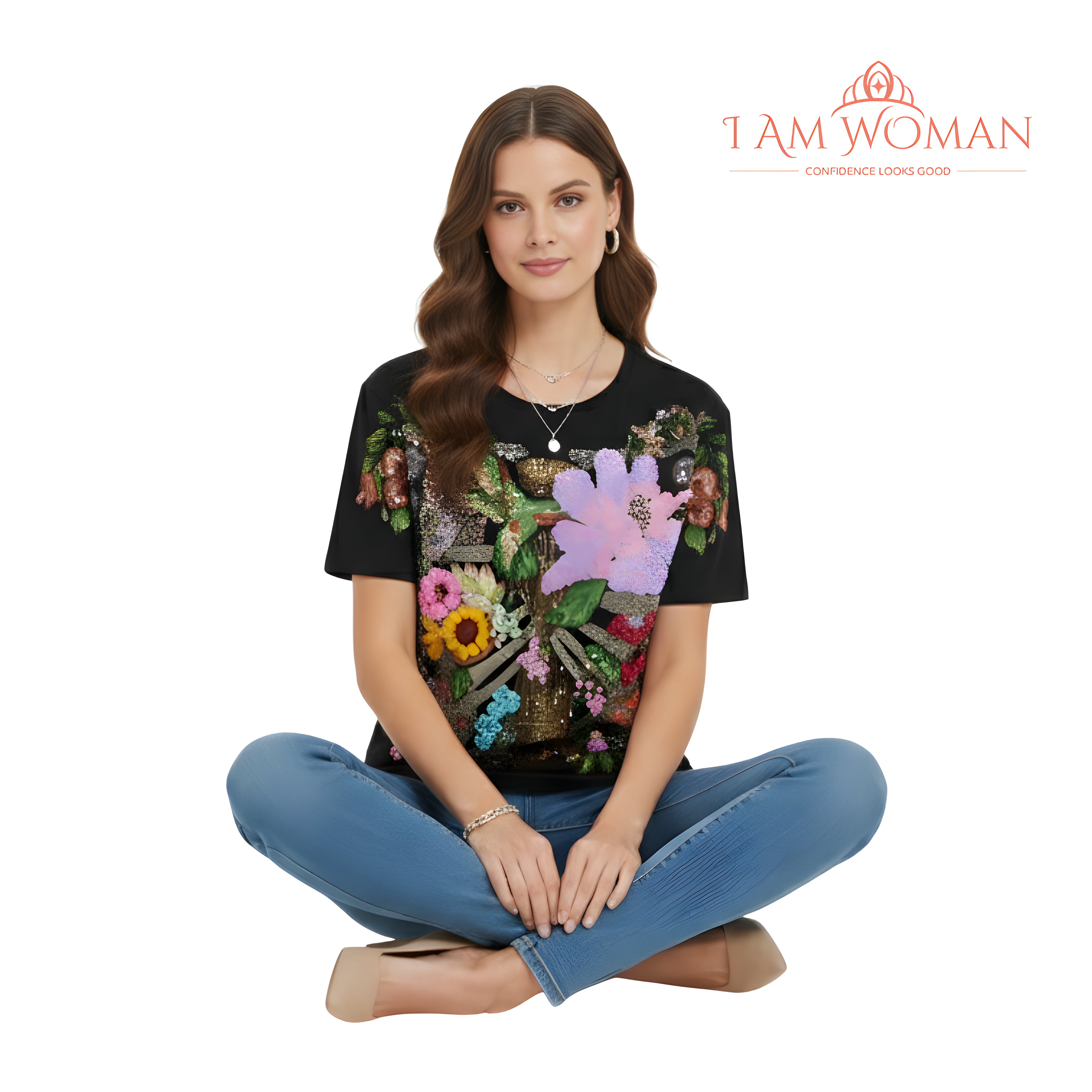 I Am Woman Black, Embroidered Floral and Hummingbird Shirt