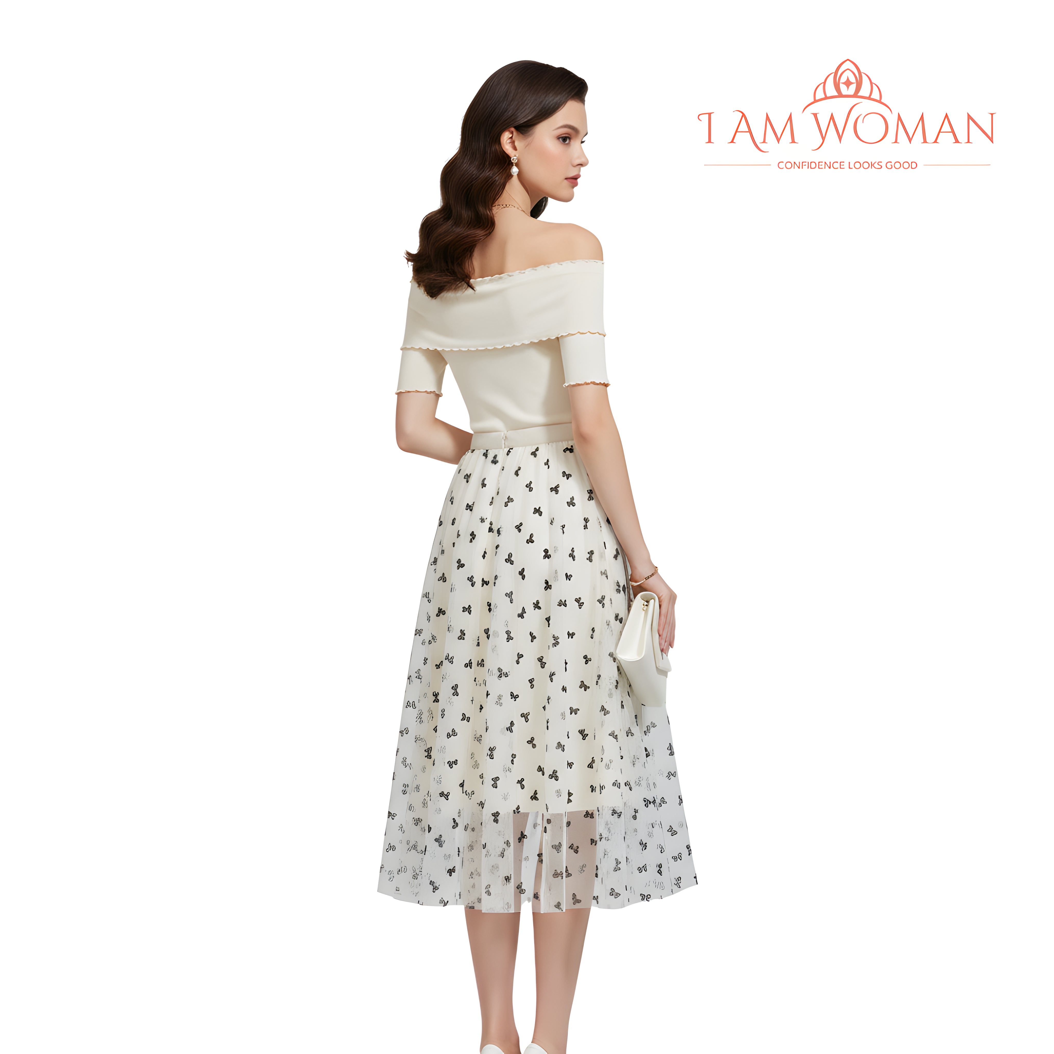 I Am Woman Off-White Tulle Skirt with Black Bows Print