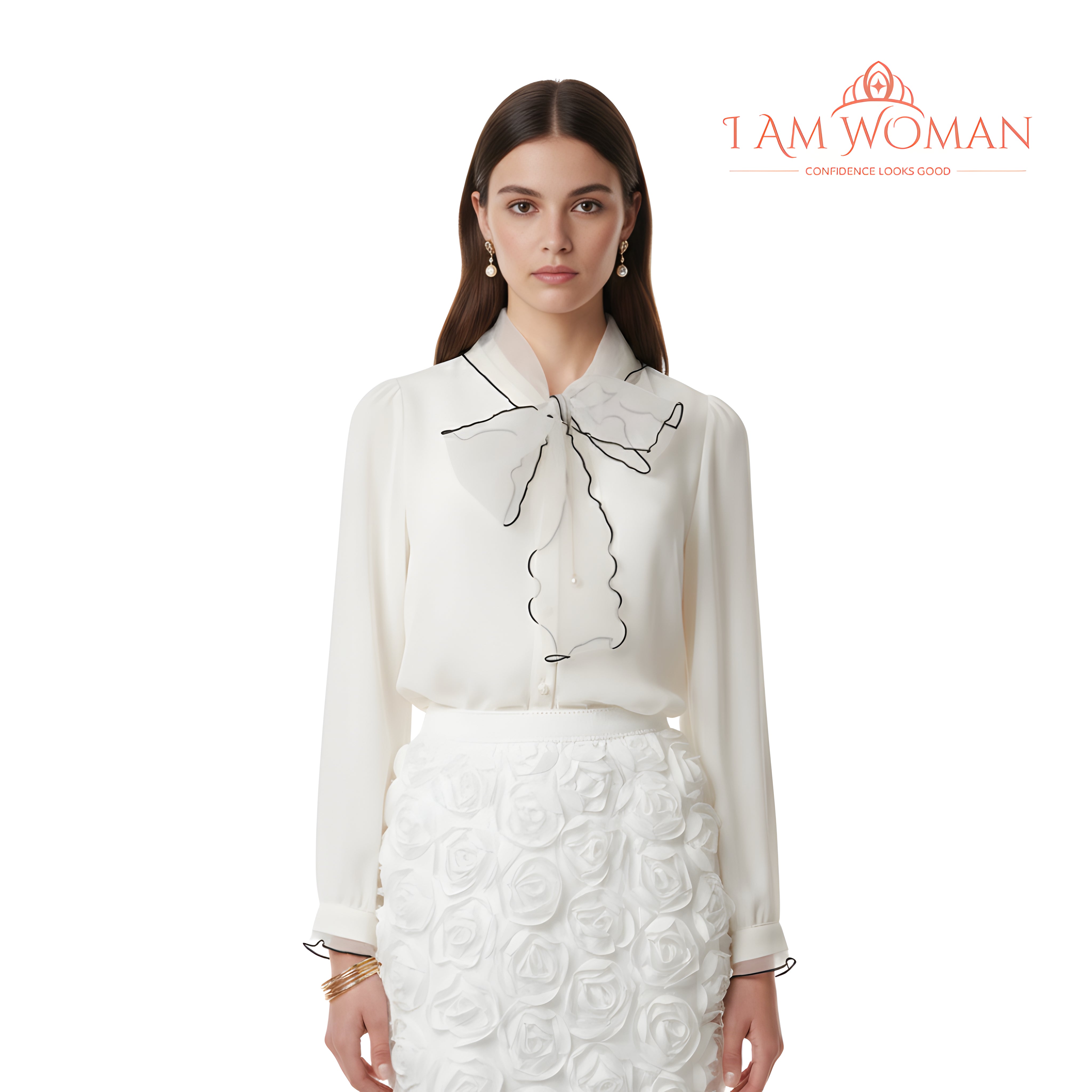 White Blouse with Black Line Bow Detail