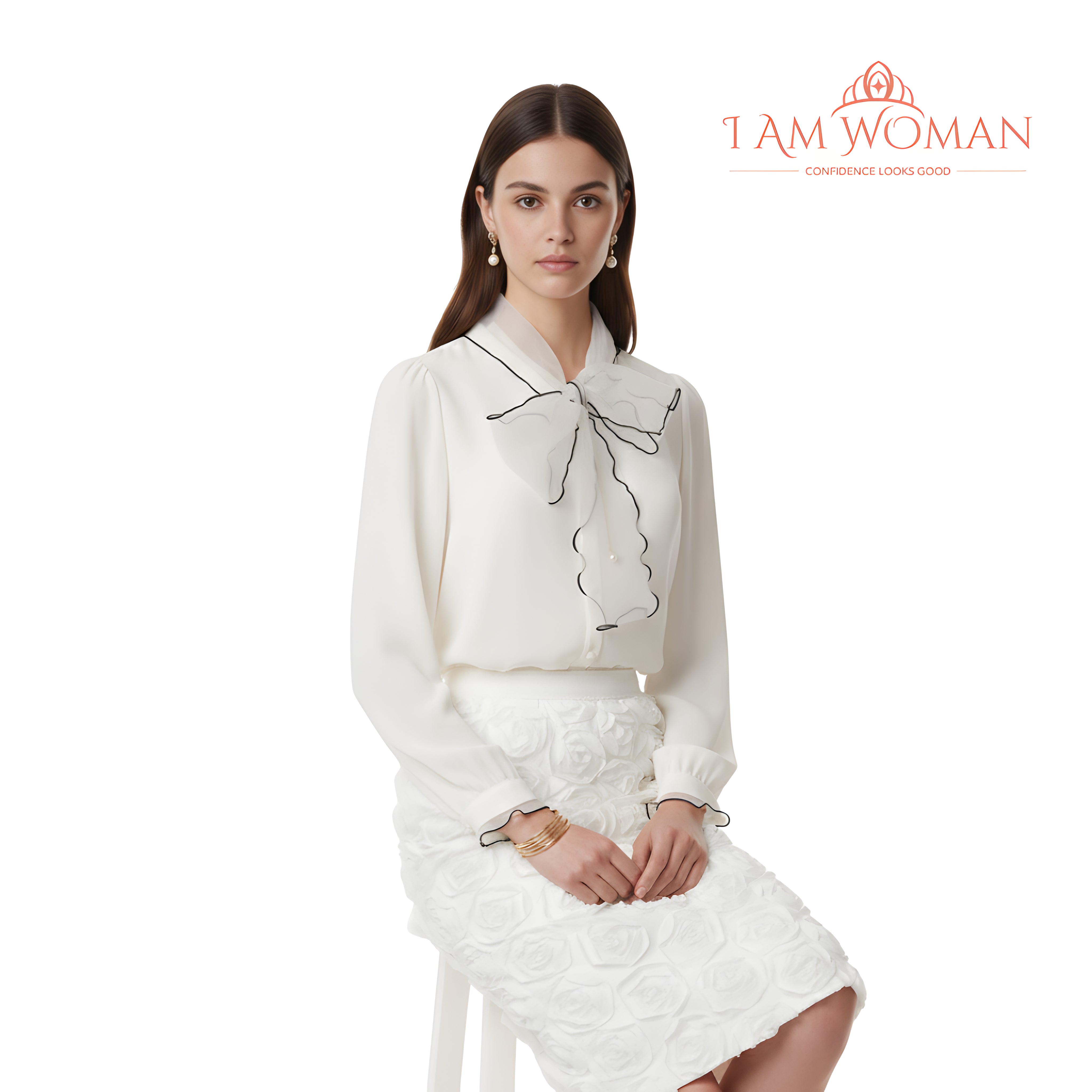 White Blouse with Black Line Bow Detail