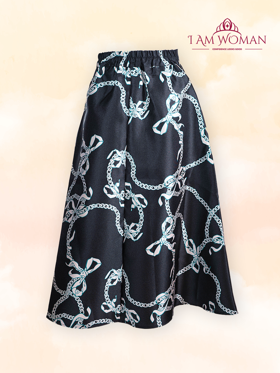 Black midi skirt with white bows and chain print