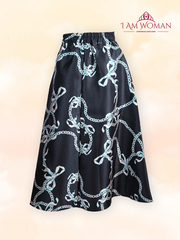 Black midi skirt with white bows and chain print