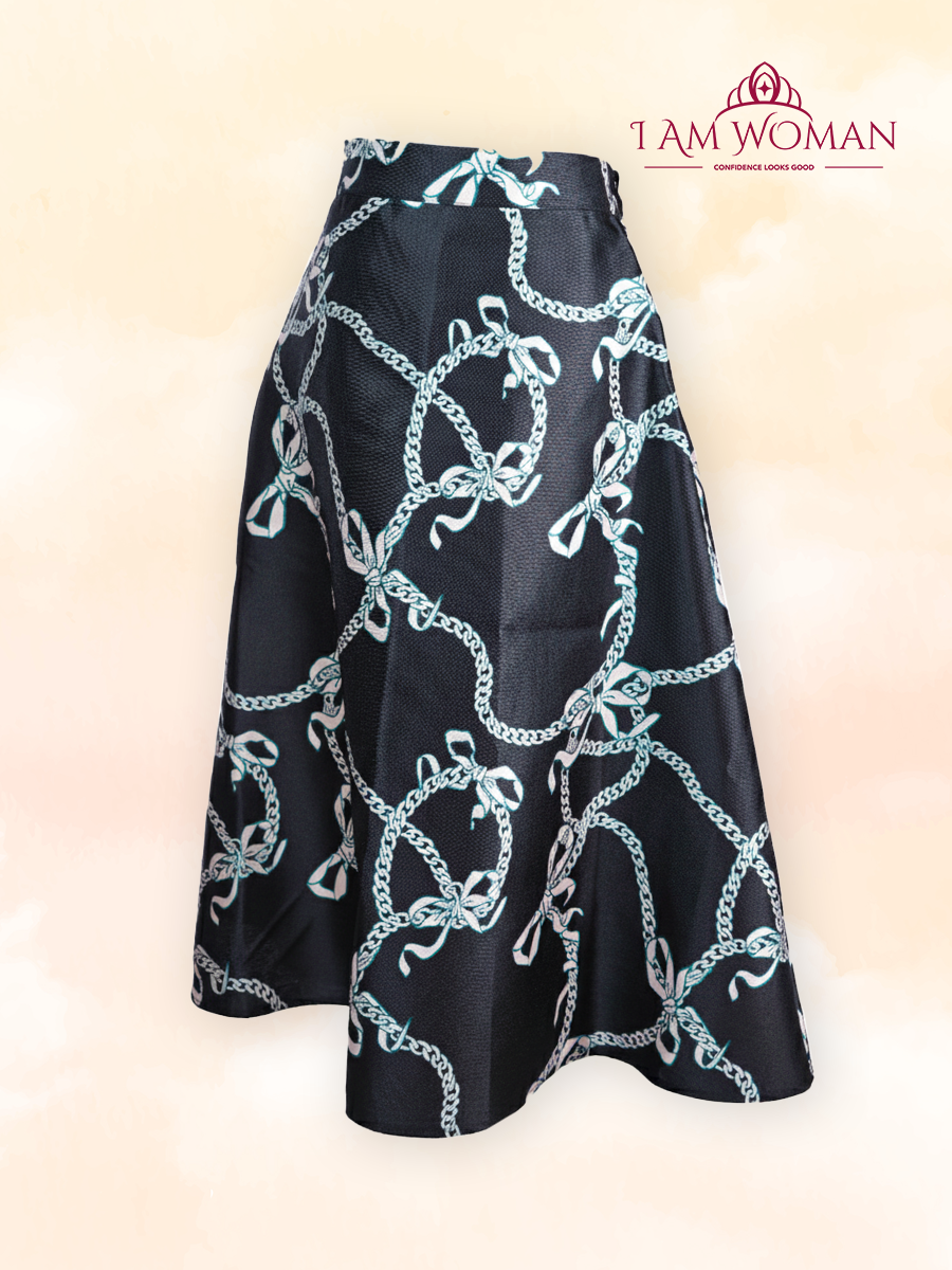 Black midi skirt with white bows and chain print