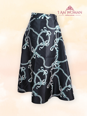 Black midi skirt with white bows and chain print