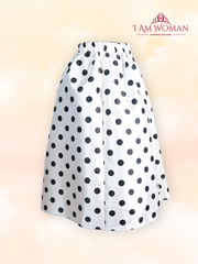 White pleated midi skirt with black polka dots