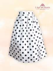 White pleated midi skirt with black polka dots