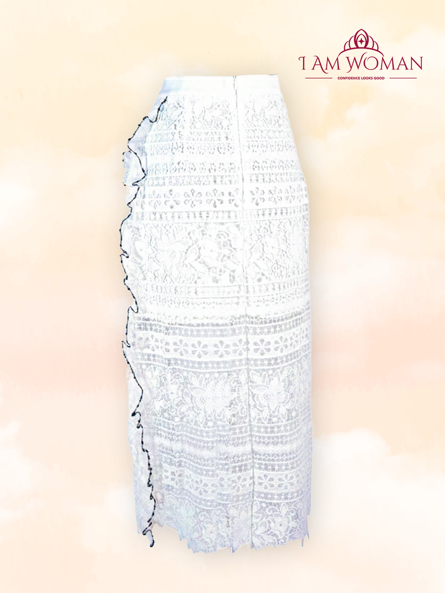 White floral lace midi skirt