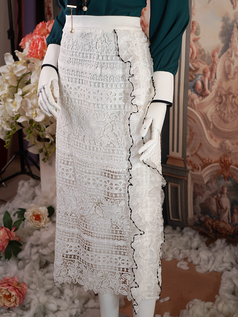 White floral lace midi skirt