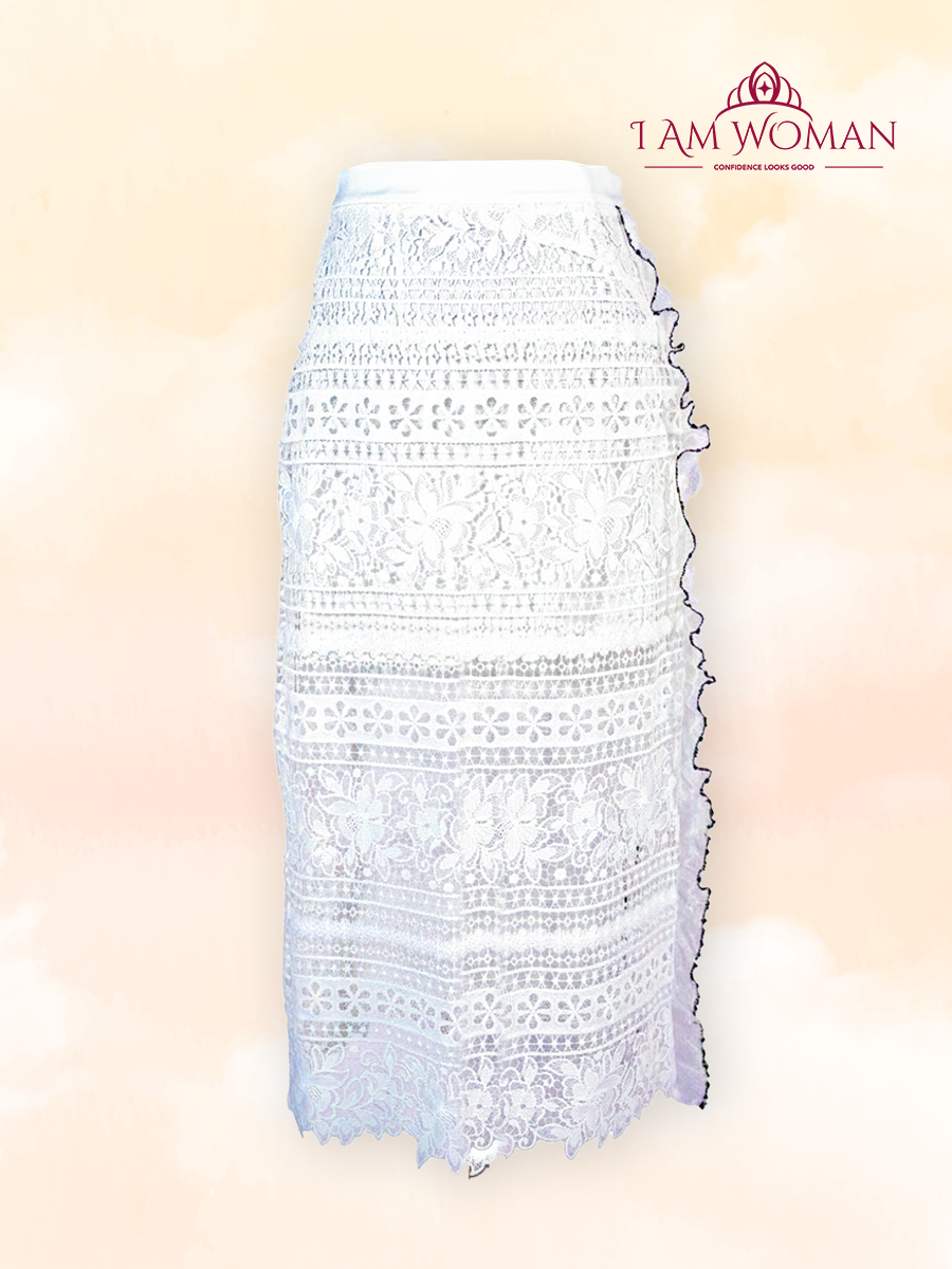 White floral lace midi skirt