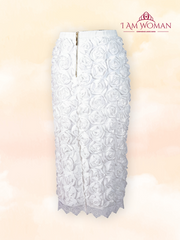 White midi skirt covered in 3D rose appliqués
