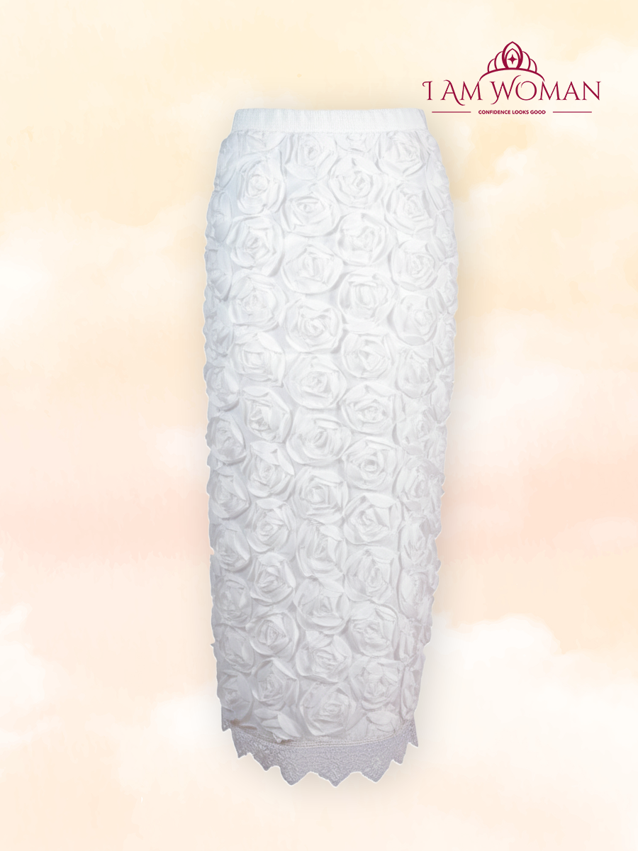 White midi skirt covered in 3D rose appliqués