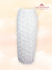 White midi skirt covered in 3D rose appliqués