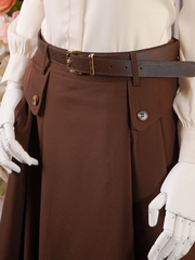 Chocolate Brown Belted Pleated Midi Skirt