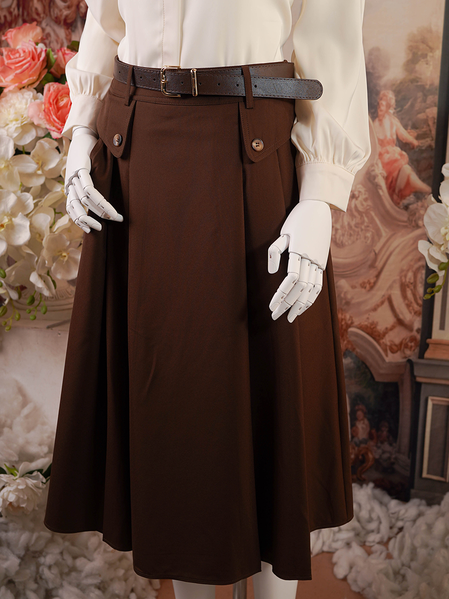 Chocolate Brown Belted Pleated Midi Skirt