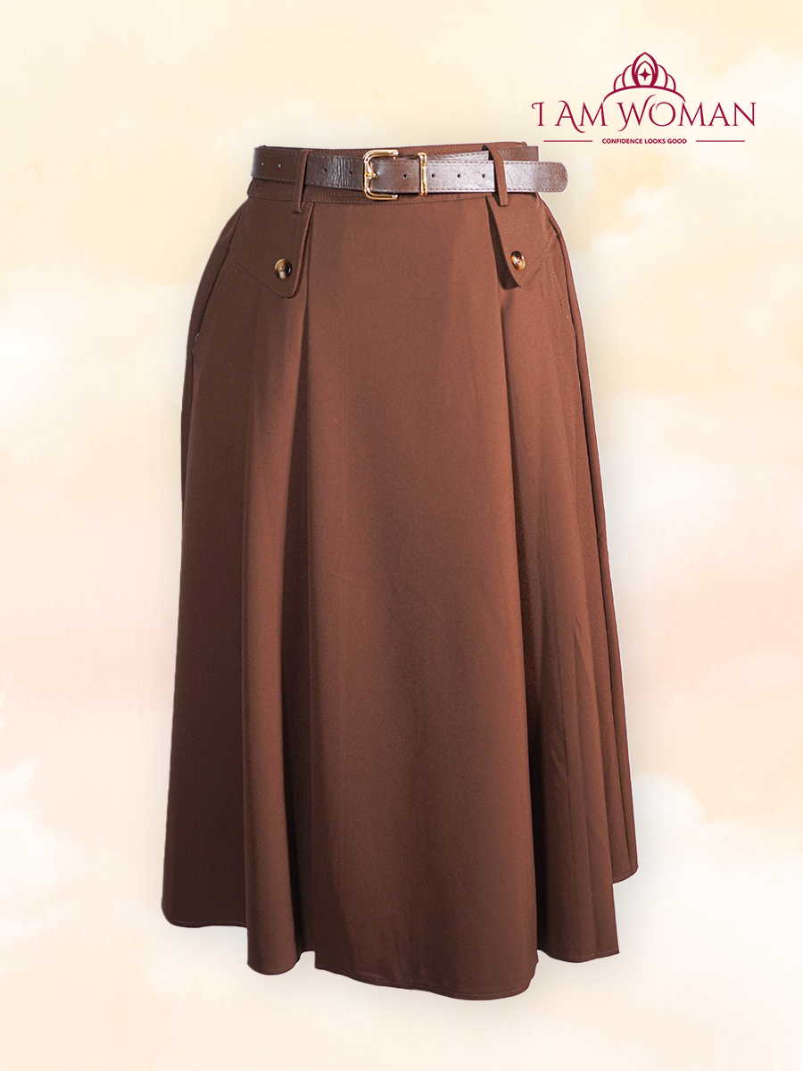 Chocolate Brown Belted Pleated Midi Skirt