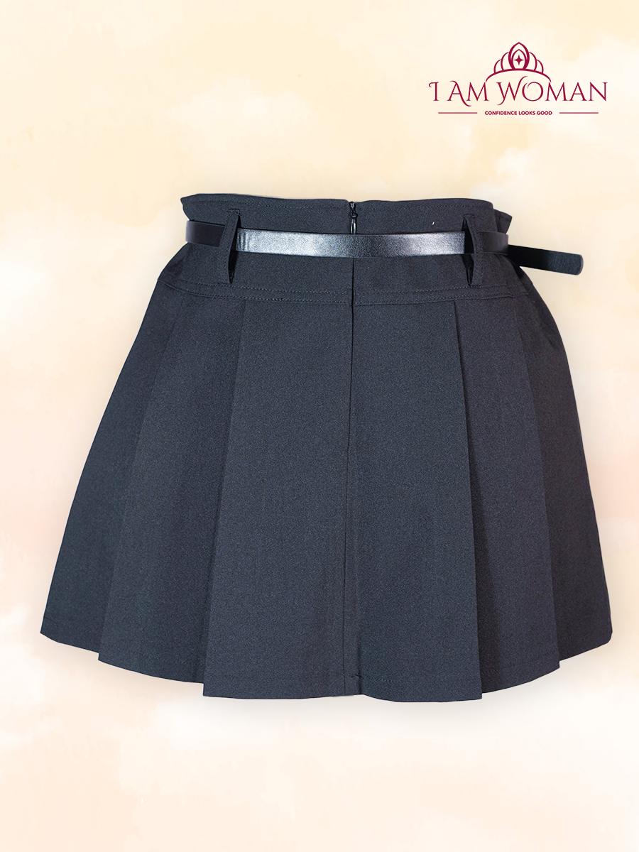 Black Pleated Mini Skirt With Belt