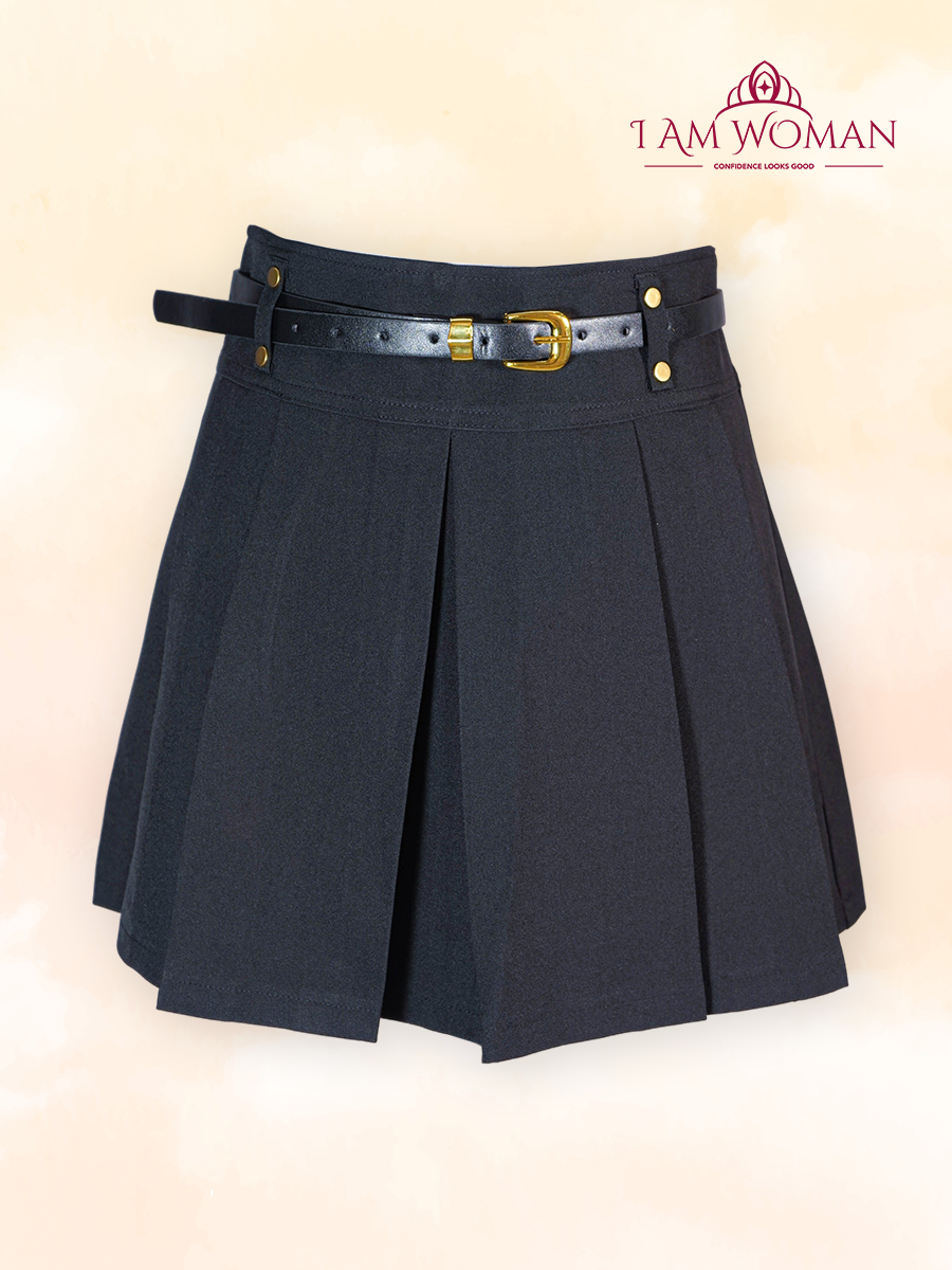 Black Pleated Mini Skirt With Belt