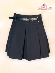 Black Pleated Mini Skirt With Belt