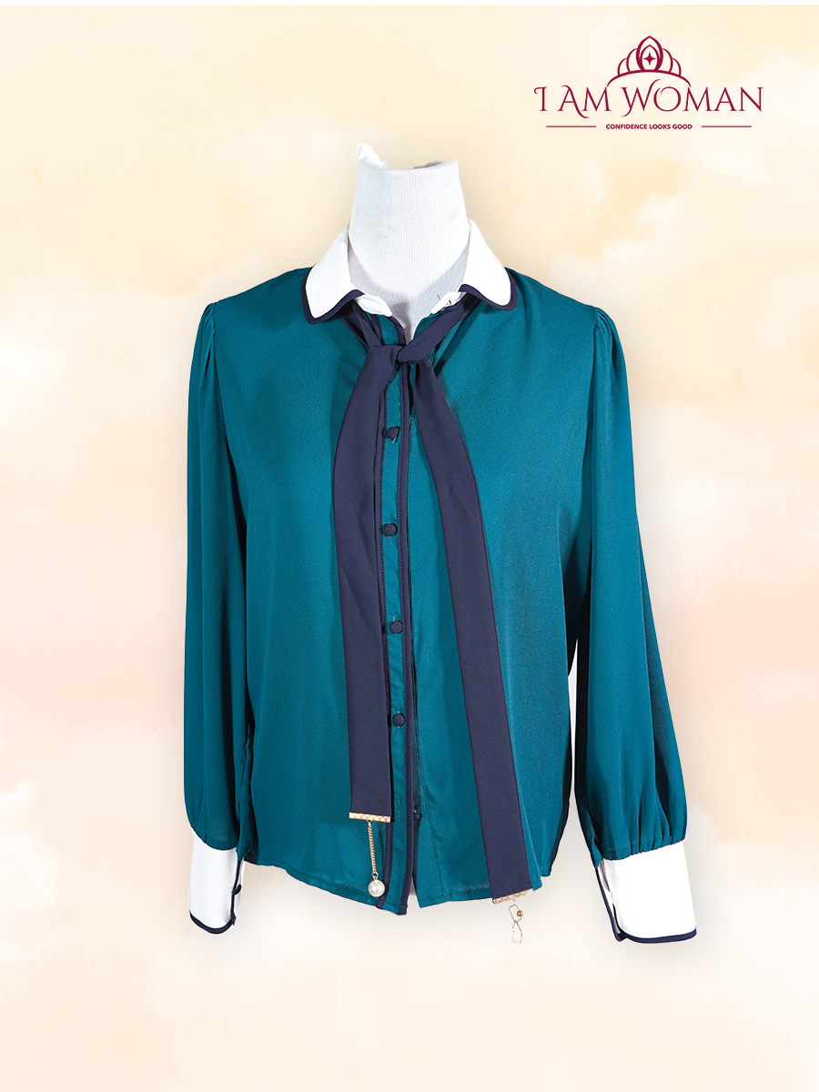 Emerald Green Blouse with Black Neck Tie