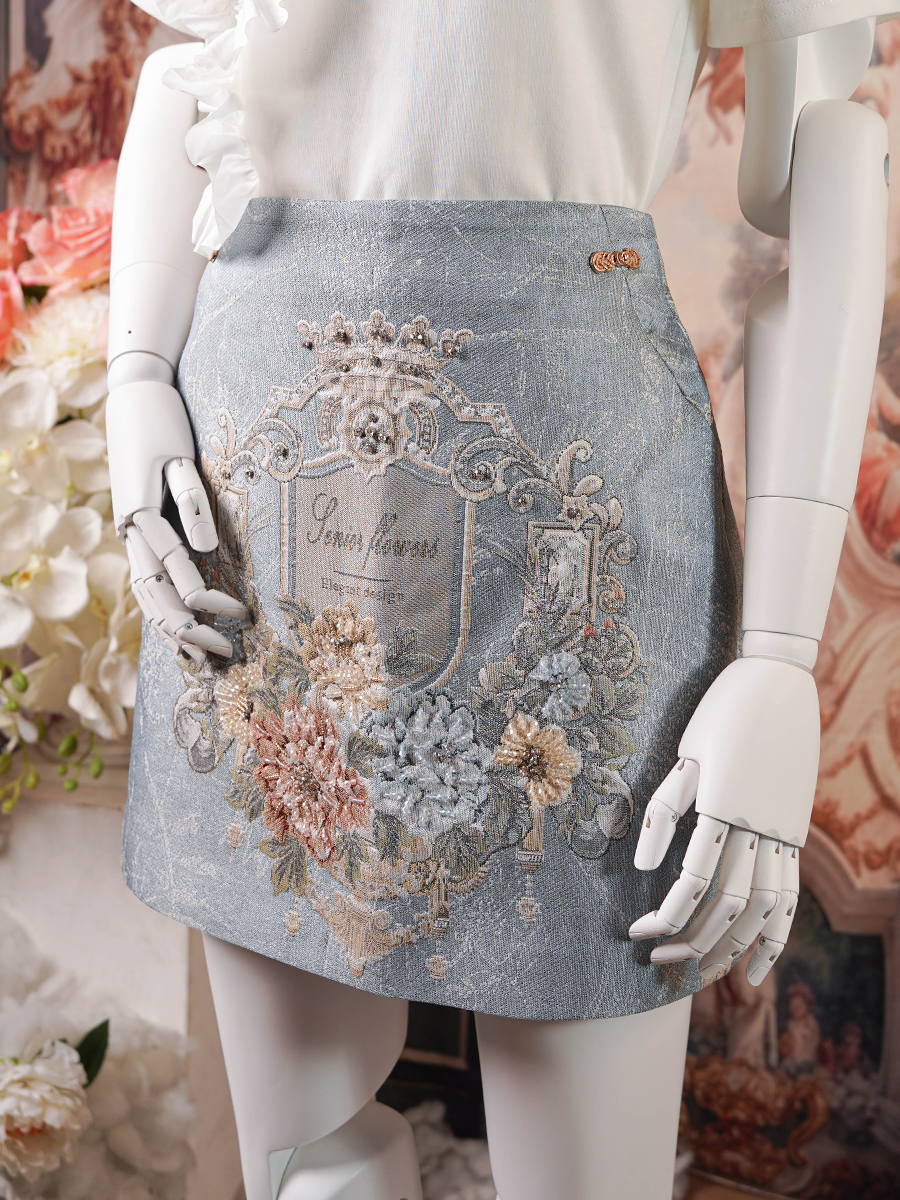 Powder Blue Embroidered 3D Floral Skirt