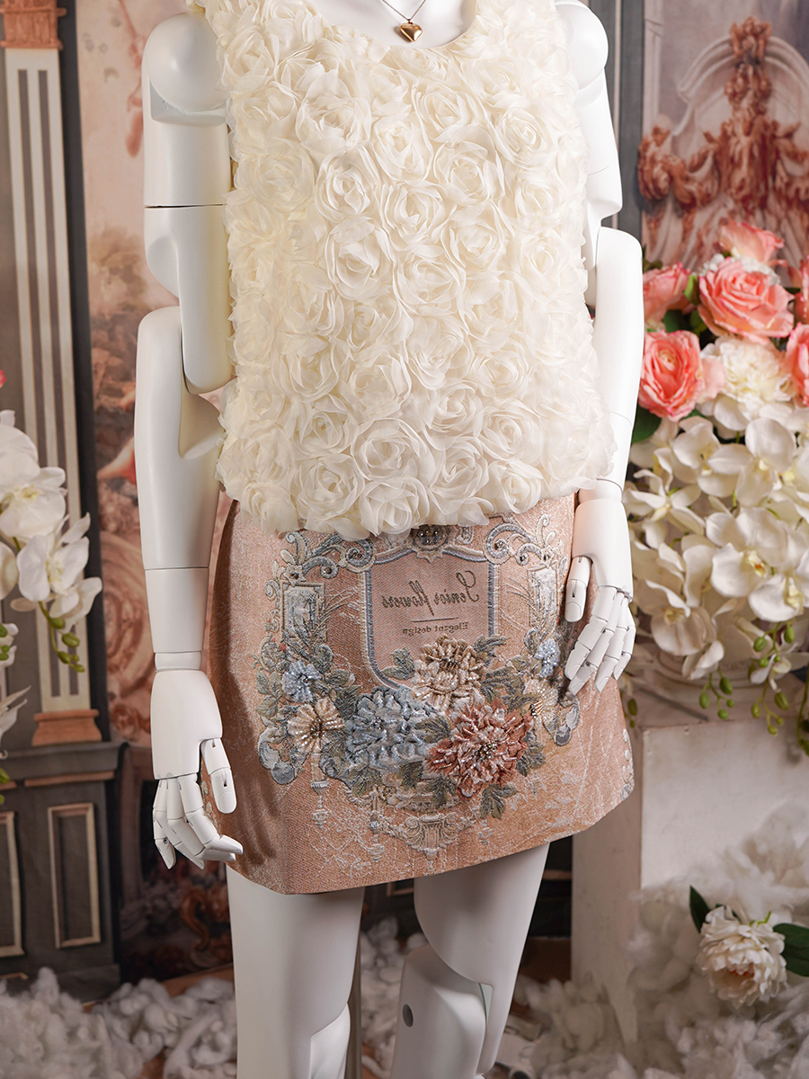 Blush Velvet Embroidered 3D Floral Skirt