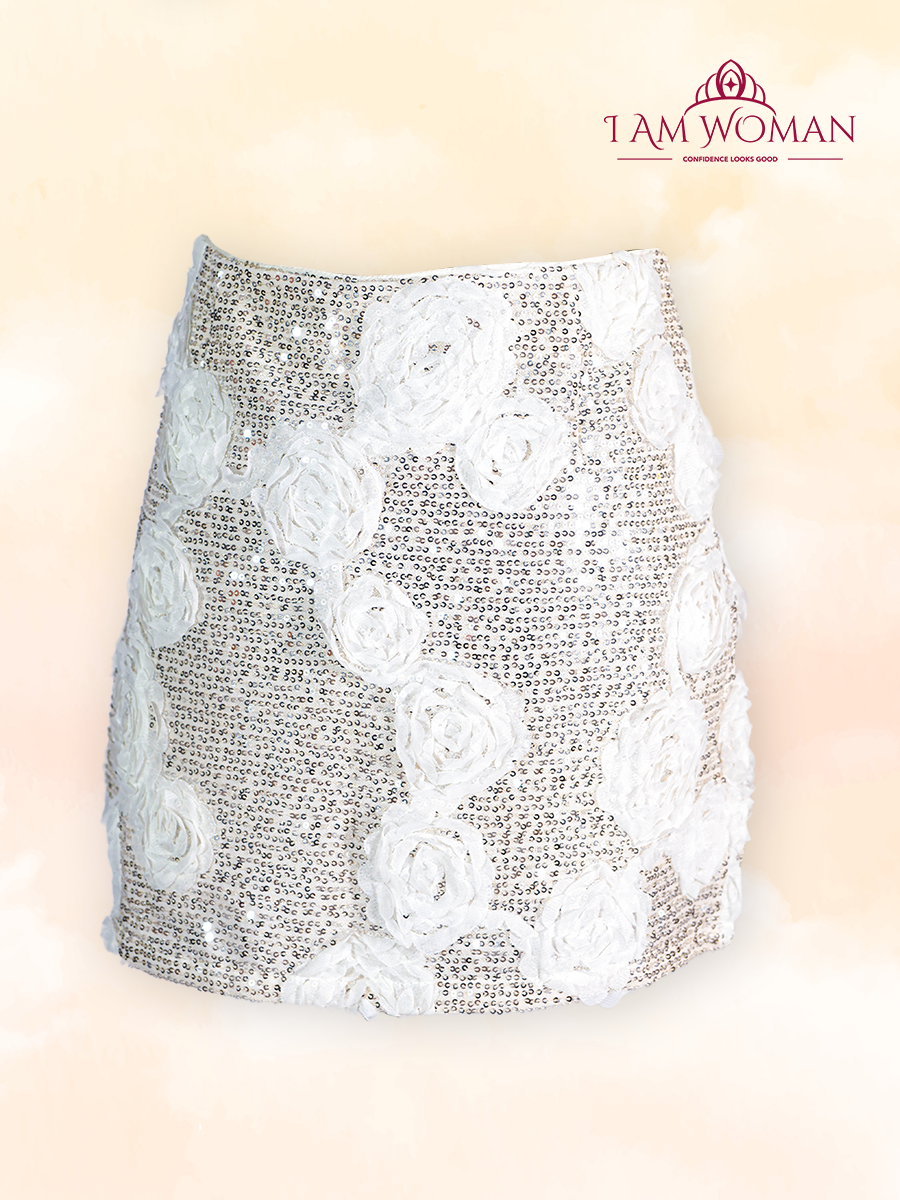 Beige Sequin Skirt With Rosette Applique