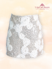 Beige Sequin Skirt With Rosette Applique