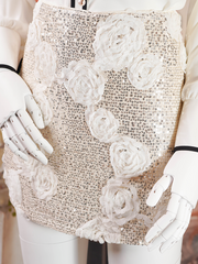 Beige Sequin Skirt With Rosette Applique